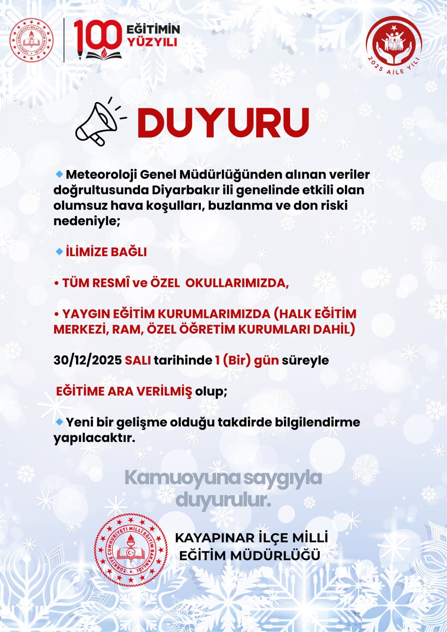 Diyarbakır’da Okullar Yarında Tatil!